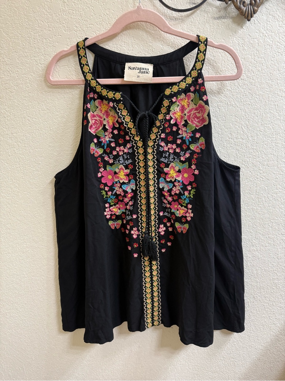 Savanna Jane Black Tank with Pink & Yellow Floral Embroidery